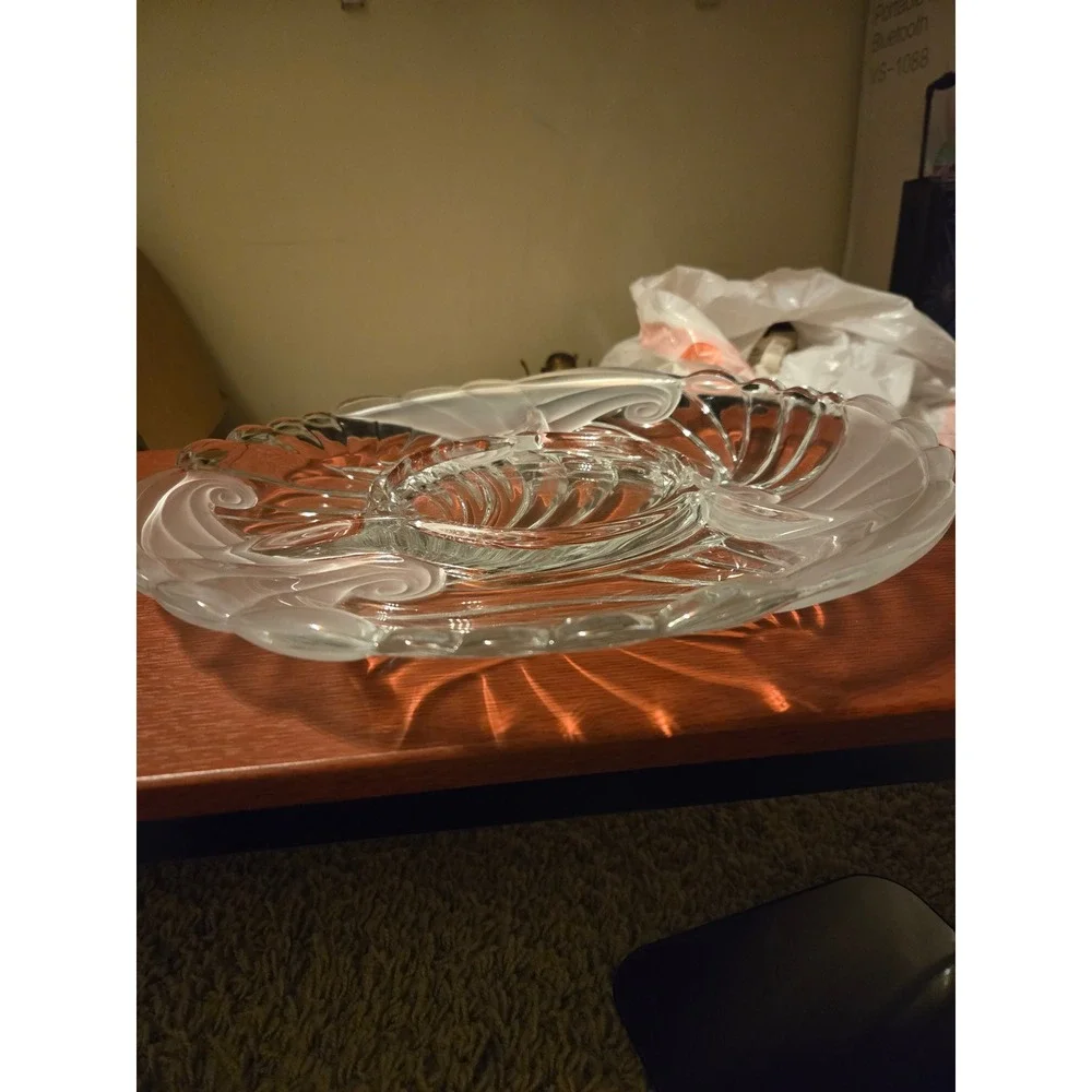 Vintage Art Deco‎ Frosted Clear Glass Shell Scroll Divided Serving Platter Tray